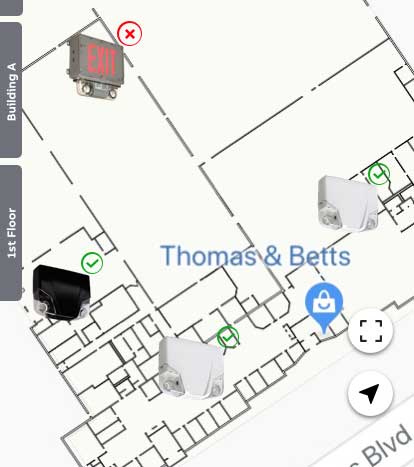Bluetooth Mesh map view showing emergency lighting devices on a floor plan