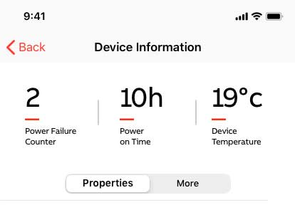Device information showing power and temperature statistics